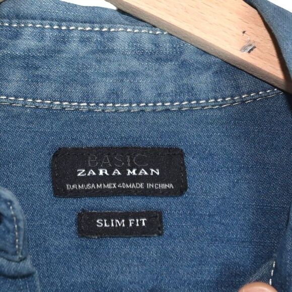Zara Man Slim Fit Western Denim Shirt Size M Snap Front Long Sleeve Blue Cowboy - Picture 5 of 7